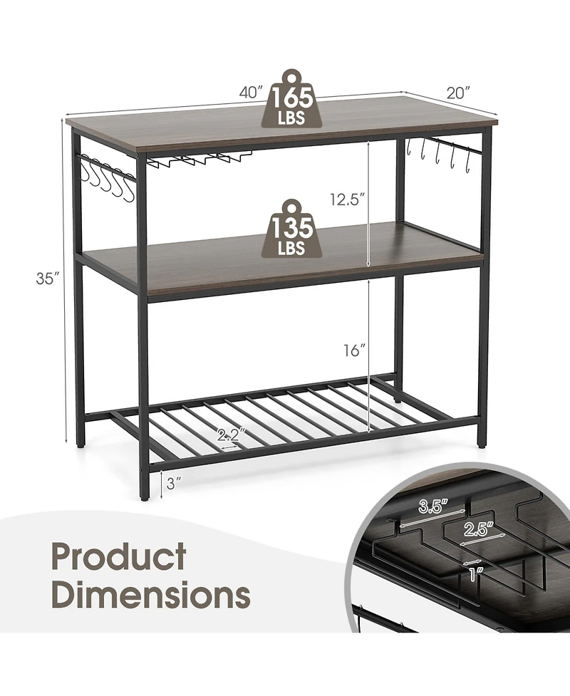 3-Shelf Kitchen Island with Wine Glass Holders and 10 Hooks – Versatile Storage Cart with Built-In Wine Glass and Hook Storage