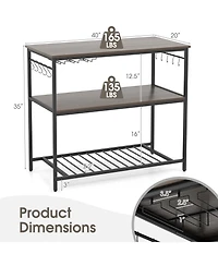 3-Shelf Kitchen Island with Wine Glass Holders and 10 Hooks – Versatile Storage Cart with Built-In Wine Glass and Hook Storage