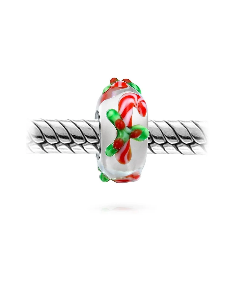 Bling Jewelry Set of 2 Christmas Charm Bead Red Candy Cane Peppermint Murano Glass Silver