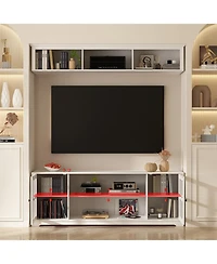White Tv stand with top cabinets, entertainment center with tempered glass doors, wooden media console