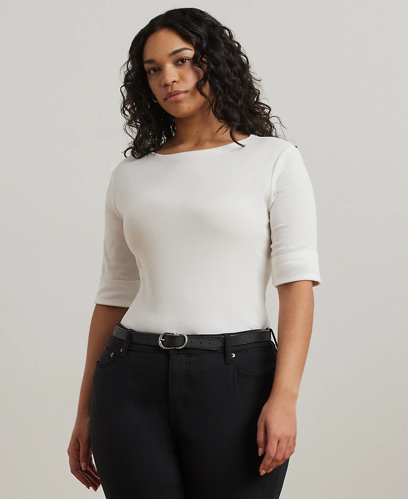 Lauren Ralph Plus Cotton-Blend Boatneck Top