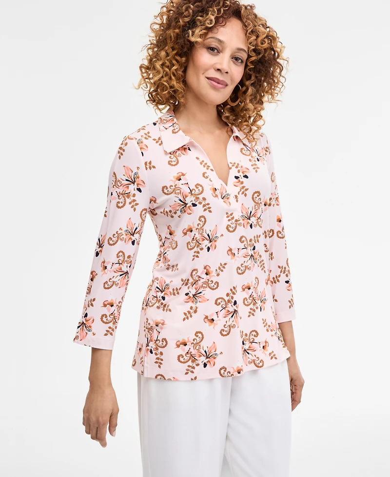 Jm Collection Petite Floral-Print Johnny-Collar Tunic, Exclusively at Macy's