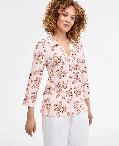 Jm Collection Petite Floral-Print Johnny-Collar Tunic, Exclusively at Macy's