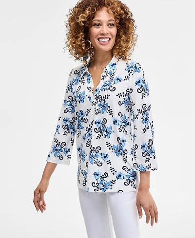 Jm Collection Petite Floral-Print Johnny-Collar Tunic, Exclusively at Macy's