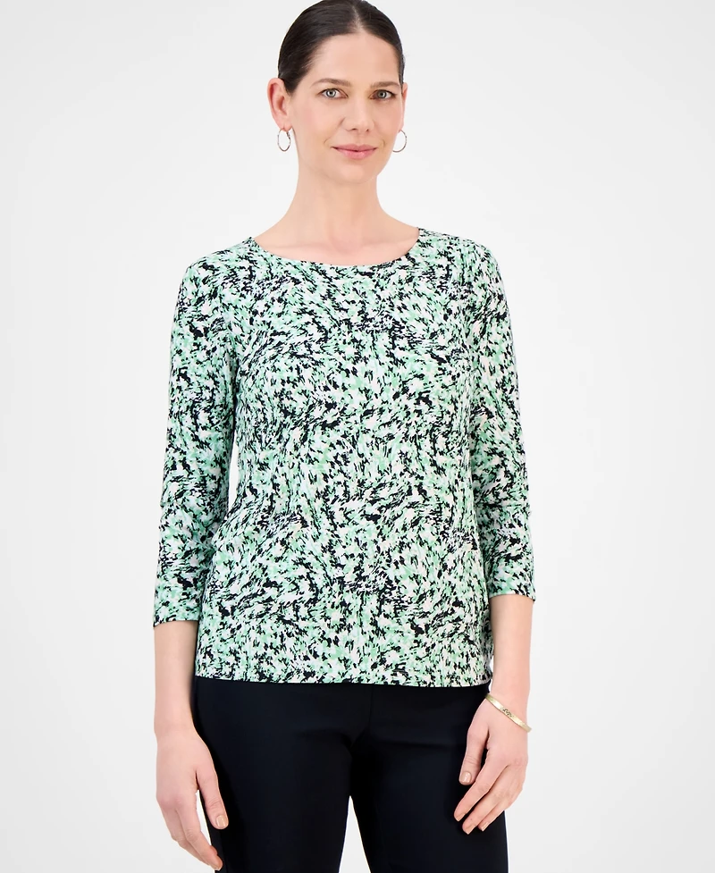 Jm Collection Women's Printed 3/4 Sleeve Scoop-Neck Jacquard Top