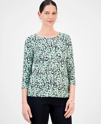 Jm Collection Women's Printed 3/4 Sleeve Scoop-Neck Jacquard Top
