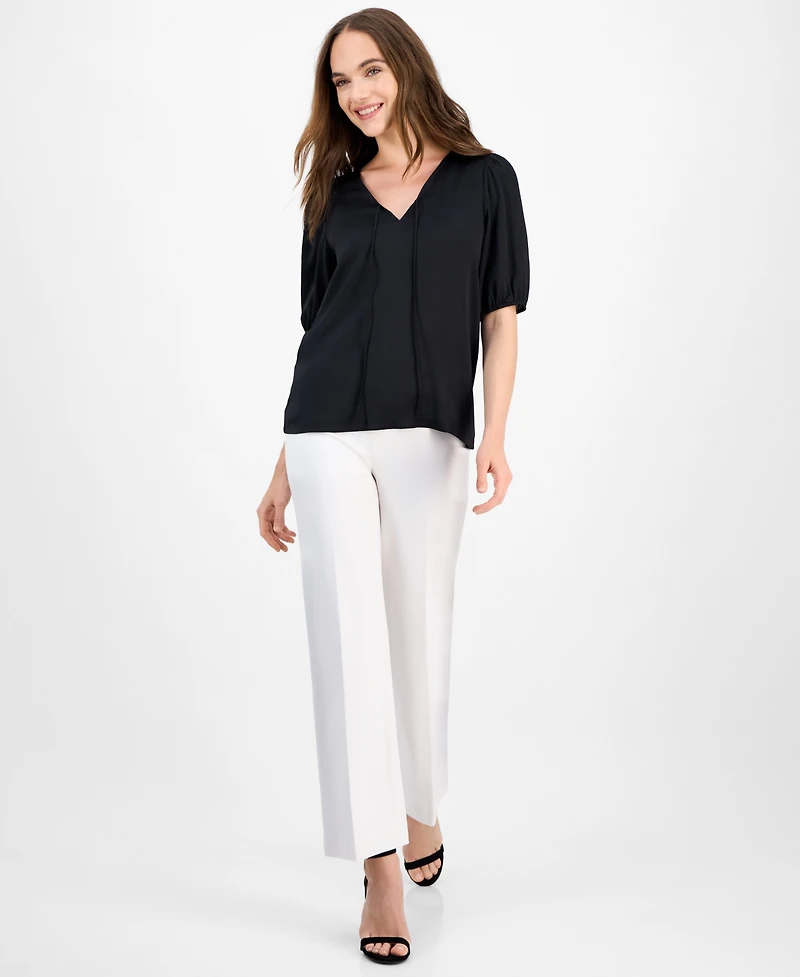 Anne Klein Women's Puff-Sleeve V-Neck Tie-Front Top