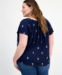 Style & Co Plus Printed Scoop-Neck Shirred Top