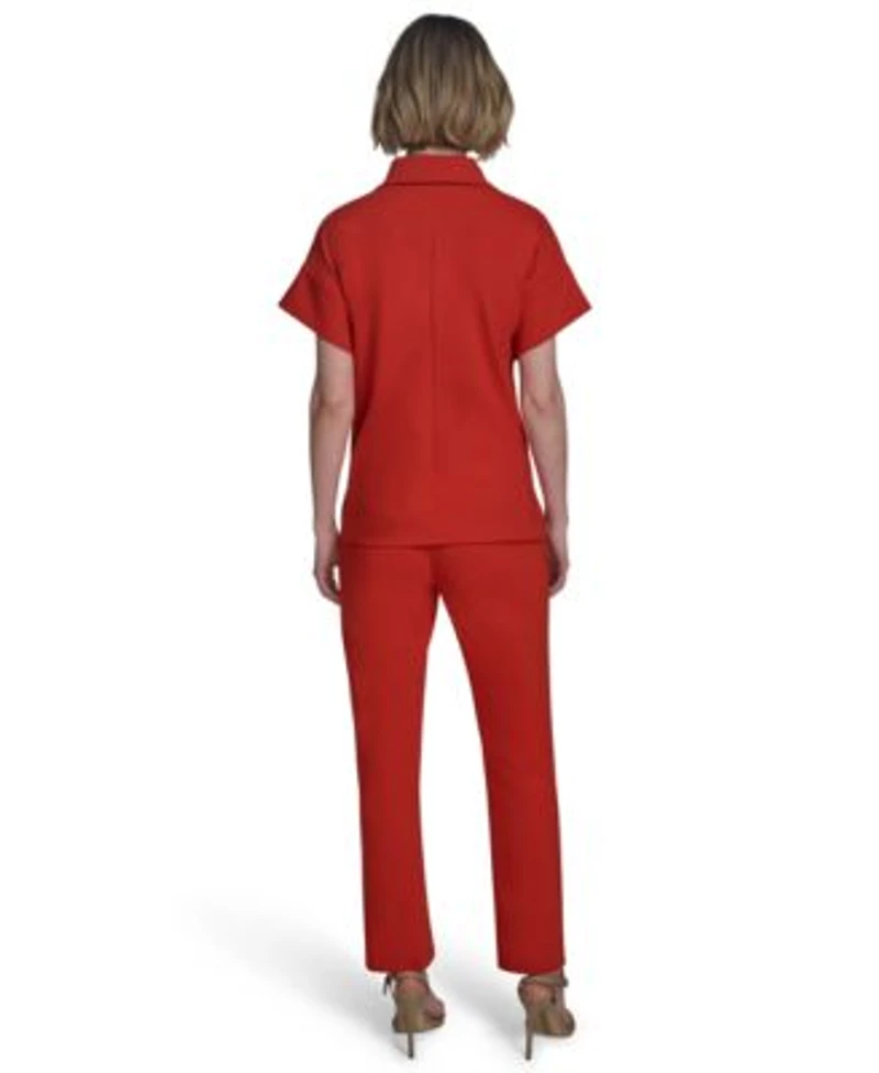 Halston Womens Compression Short Sleeve Polo Top Low Rise Straight Leg Hardware Pants