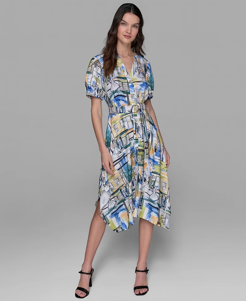 Karl Lagerfeld Paris Women's Paris-scene Print Belted High-low Shirtdress With V-neckline