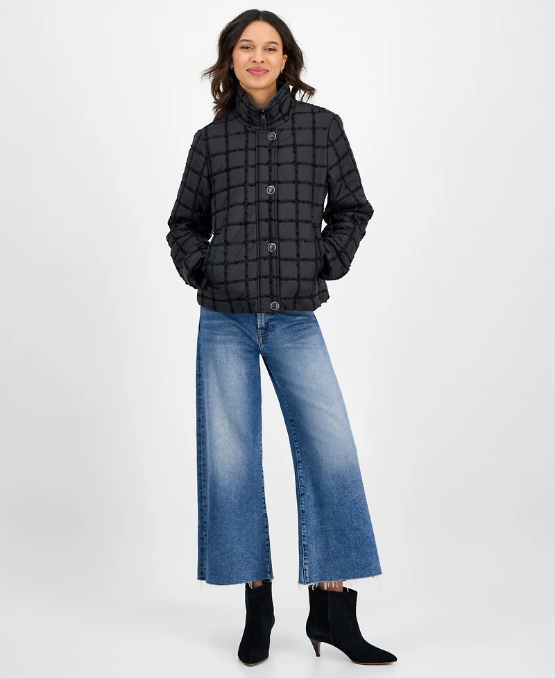 CeCe Women's Short Boucle Windowpane Quilted Coat