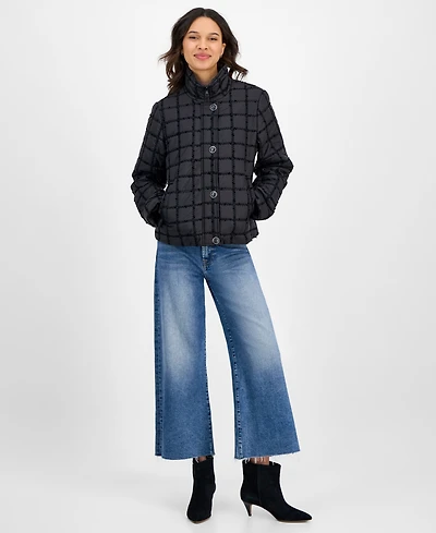 CeCe Women's Short Boucle Windowpane Quilted Coat
