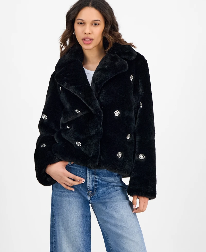 CeCe Women's Short Embellished Faux-Fur Coat