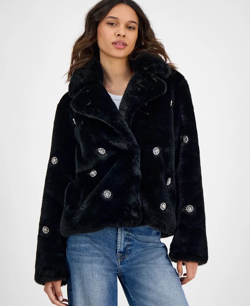 CeCe Women's Short Embellished Faux-Fur Coat