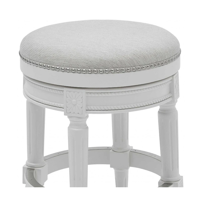26" White Fabric And Solid Wood Swivel Backless Counter Height Bar Chair