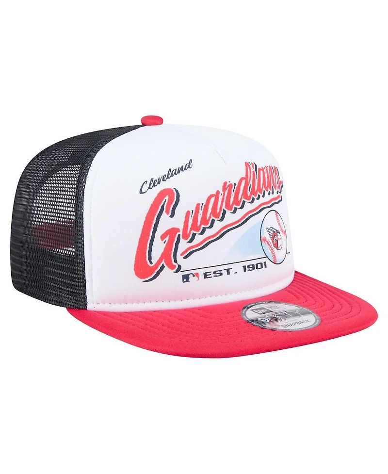 New Era Men's White/Red Cleveland Guardians Retro Script Trucker 9FIFTY Snapback Hat