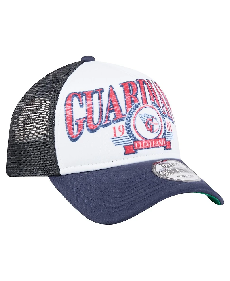New Era Men's White/Navy Cleveland Guardians Distressed 9FORTY A-Frame Adjustable Trucker Hat