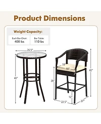 3 Pcs Patio Rattan Bar Set Wicker Armchairs & Round Table with Tempered Glass Top