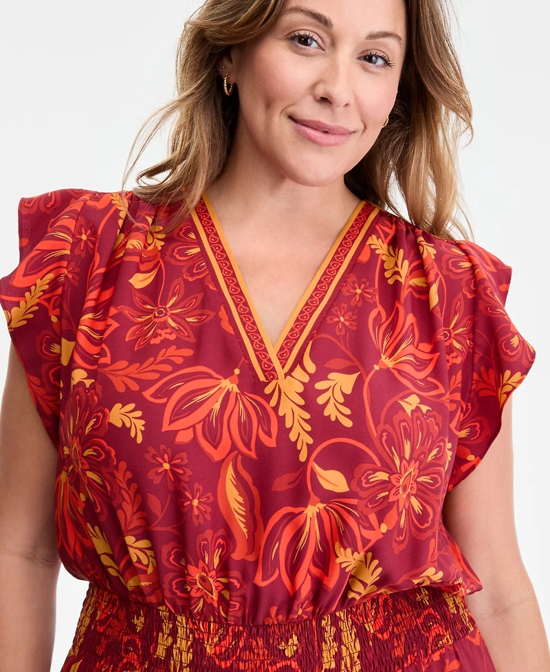 Vince Camuto Plus Printed Smocked-Waist Flutter-Sleeve Maxi Dress