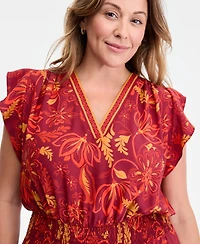 Vince Camuto Plus Printed Smocked-Waist Flutter-Sleeve Maxi Dress