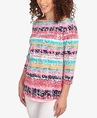Ruby Rd. Petite Watercolor Floral Stripe Top