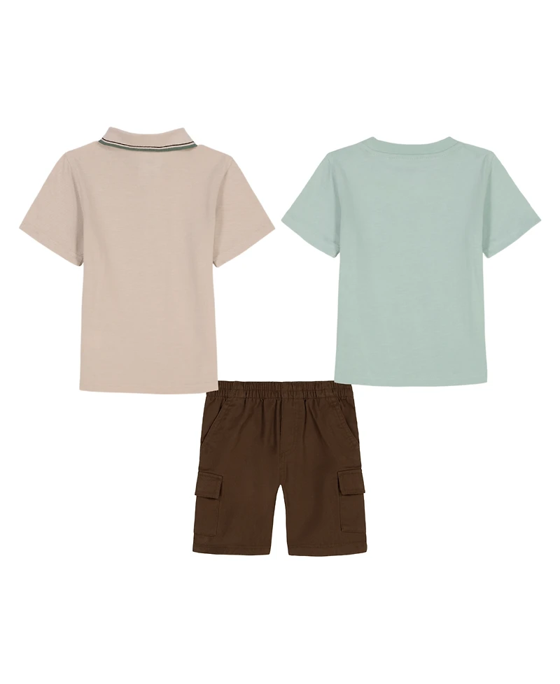 Kids Headquarters Toddler and Little Boys 3- Piece Tipped Polo, Graphic T-Shirt Twill Cargo Shorts Set