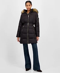 Michael Kors Women's Belted Hooded Faux-Fur-Trim Puffer Coat, Exclusively at Macy's