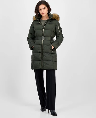 Michael Kors Women's Belted Hooded Faux-Fur-Trim Puffer Coat, Exclusively at Macy's