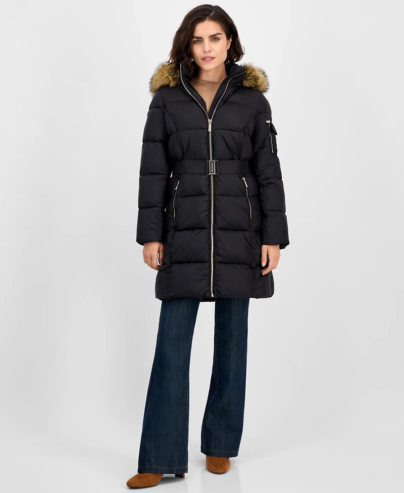Michael Kors Women's Belted Hooded Faux-Fur-Trim Puffer Coat, Exclusively at Macy's