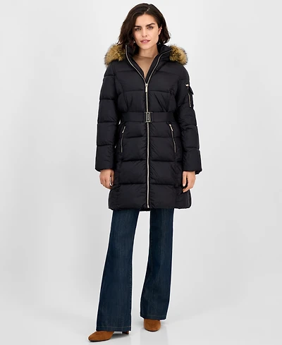Michael Kors Women's Belted Hooded Faux-Fur-Trim Puffer Coat, Exclusively at Macy's
