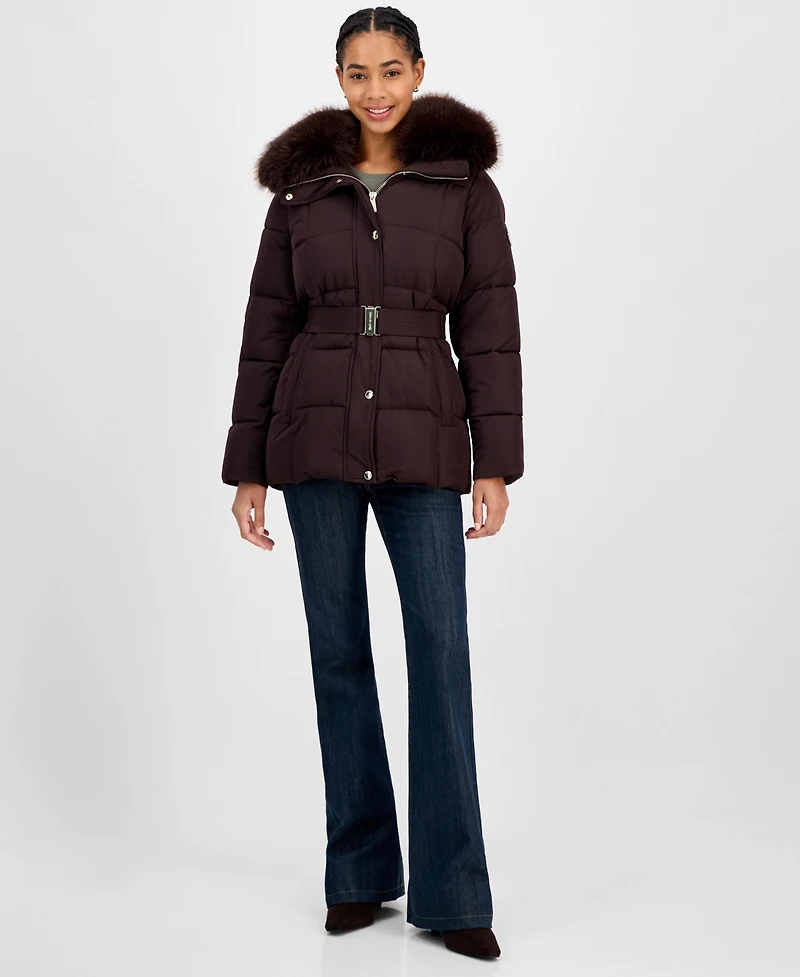 Michael Kors Women's Belted Hooded Faux-Fur-Collar Puffer Coat, Exclusively at Macy's