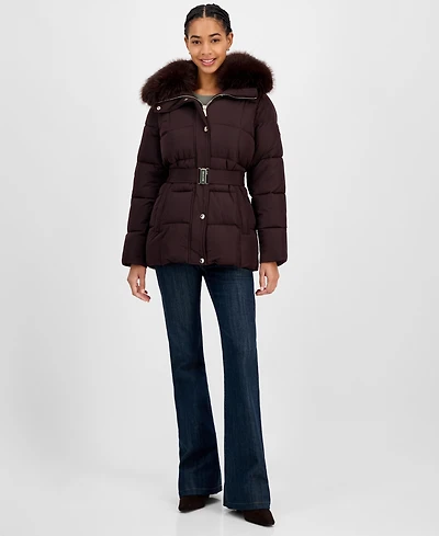 Michael Kors Women's Belted Hooded Faux-Fur-Collar Puffer Coat, Exclusively at Macy's