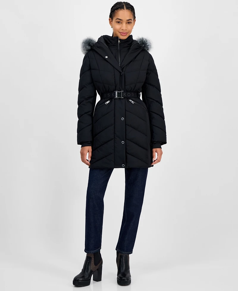 Michael Kors Women's Faux-Fur-Trim Hooded Belted Puffer Coat
