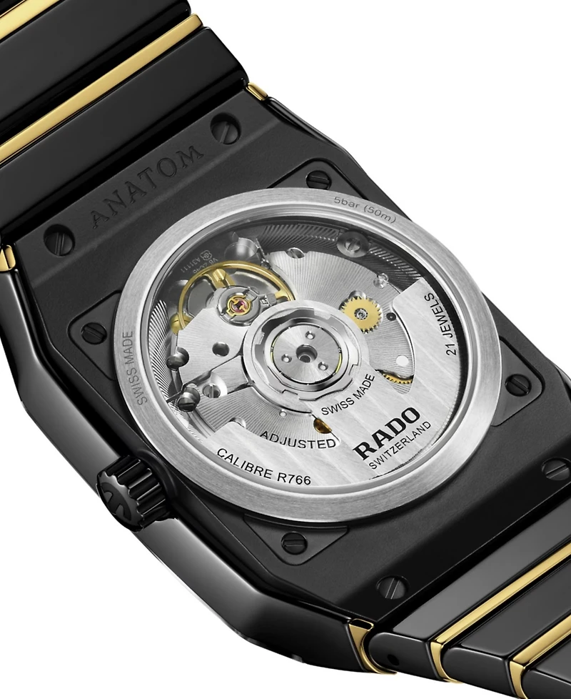 Rado Unisex Swiss Automatic Anatom Gold Pvd Stainless Steel & Black Ceramic Bracelet Watch 33mm