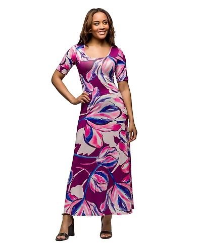 24seven Comfort Apparel Women's Purple Floral Print Elbow Sleeve Casual A Line Maxi Dress
