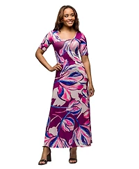 24seven Comfort Apparel Women's Purple Floral Print Elbow Sleeve Casual A Line Maxi Dress