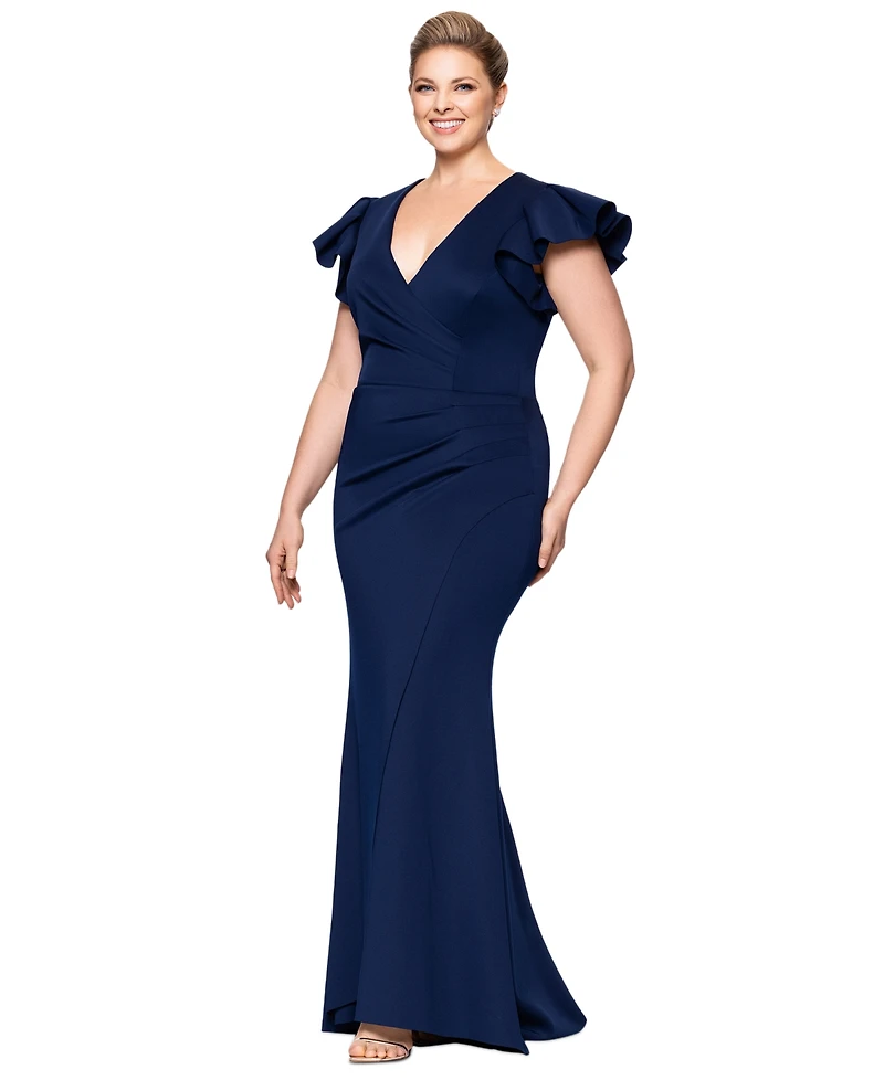 Xscape Plus Gathered-Waist Flutter-Sleeve Evening Gown