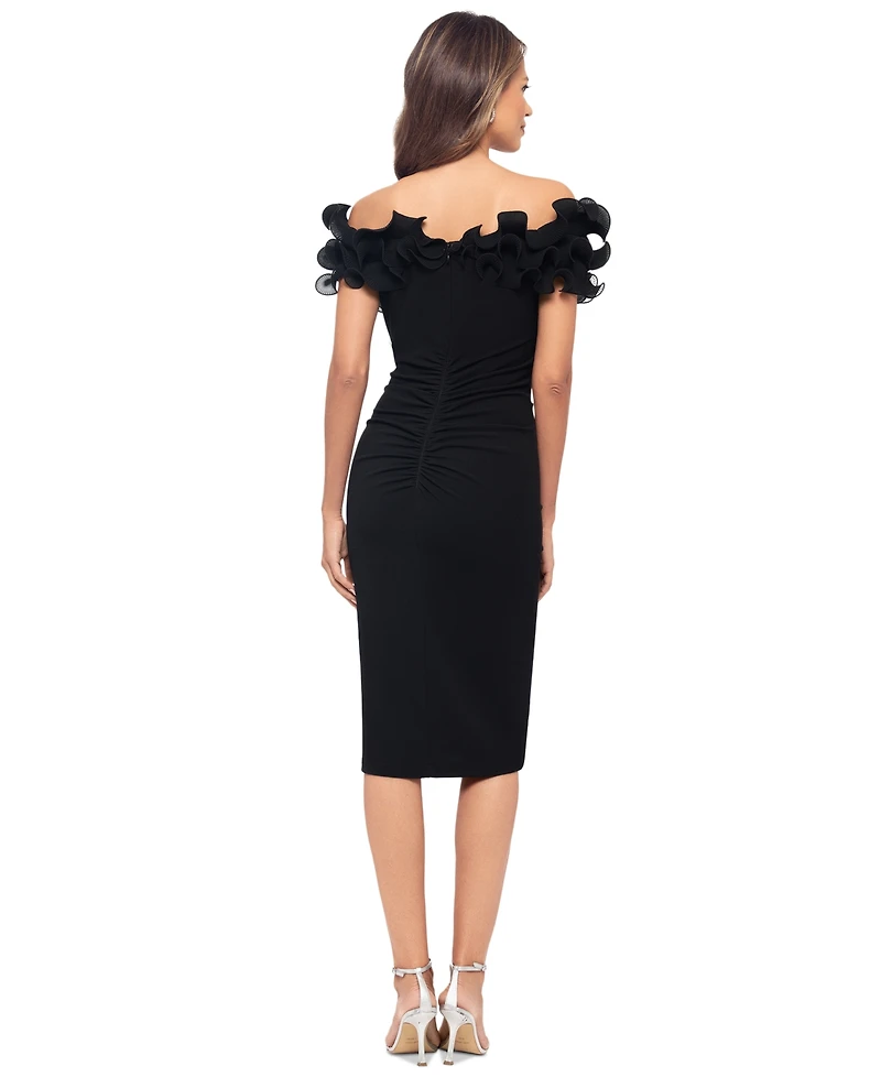 Xscape Petite Ruffled Off-The-Shoulder Ruched Dress