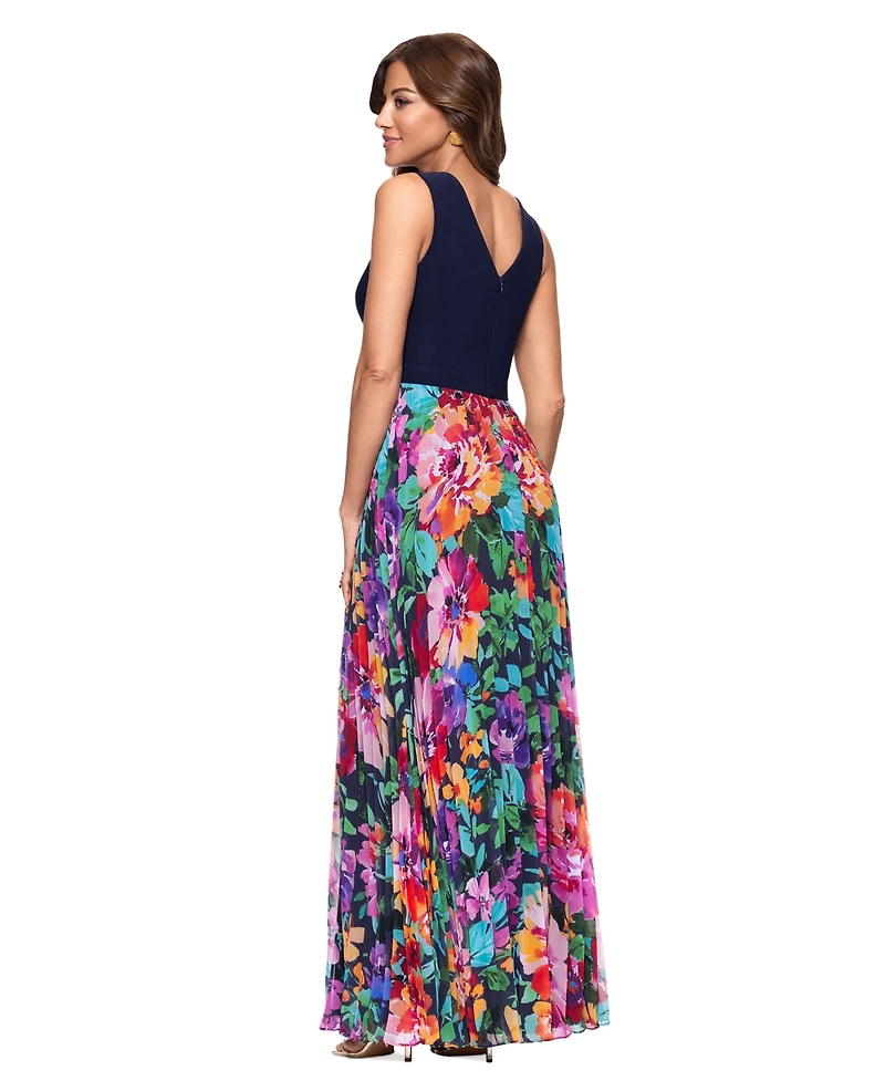 Xscape Petite Mixed-Media V-Neck Sleeveless Gown