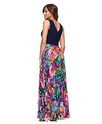 Xscape Petite Mixed-Media V-Neck Sleeveless Gown