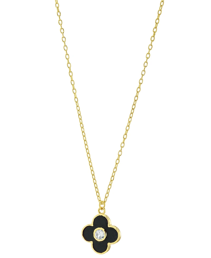 Cubic Zirconia Black & White Clover Pendant Necklace in 14k Gold-Plated Sterling Silver, 16" + 2" extender