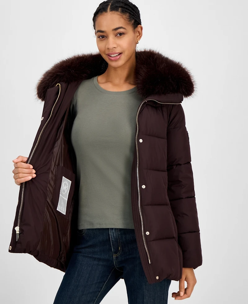 Michael Kors Women's Belted Hooded Faux-Fur-Collar Puffer Coat, Exclusively at Macy's