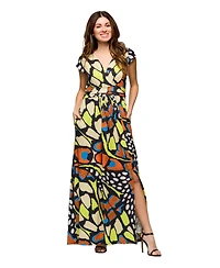 24seven Comfort Apparel Women's Cap Sleeve V Neck Side Slit Pocket Maxi Dress