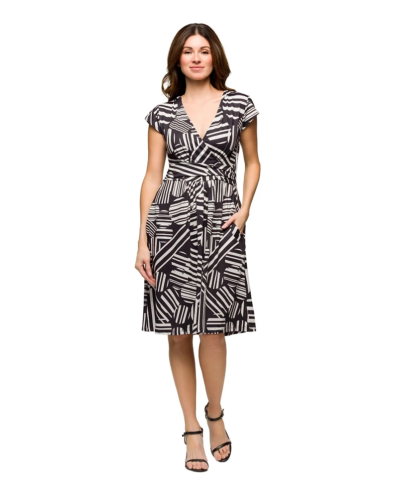 24seven Comfort Apparel Women's Cap Sleeve V Neck Knee Length Pocket Dress