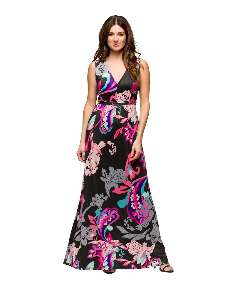 24seven Comfort Apparel Women's V Neck Empire Waist Sleeveless Maxi Dress