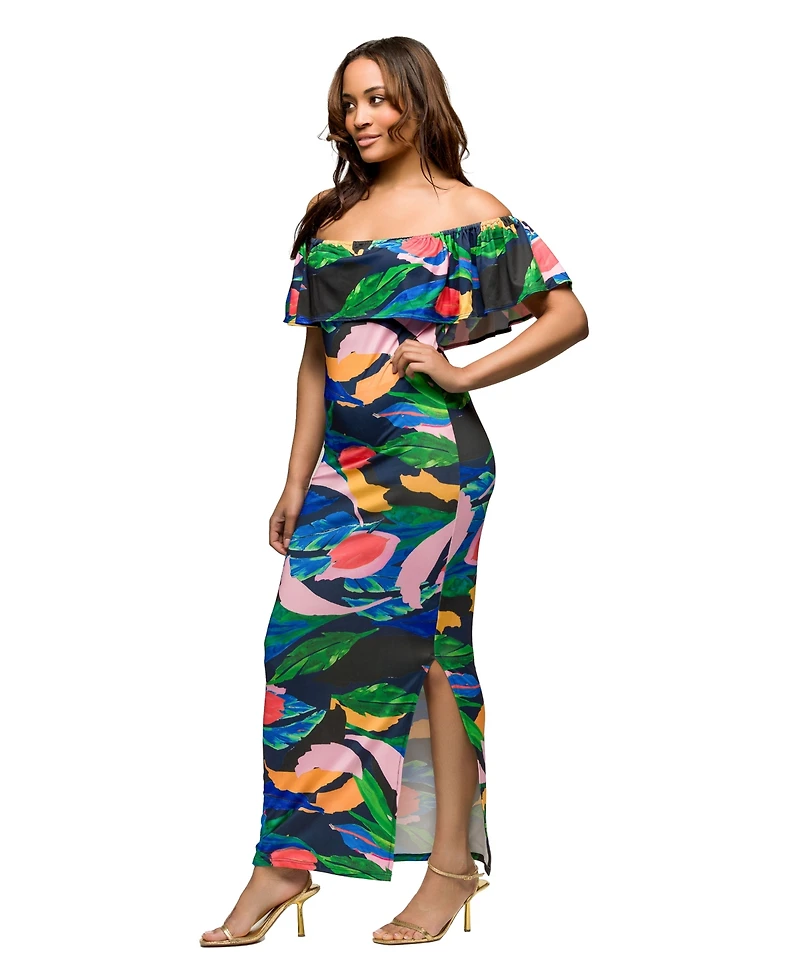 24seven Comfort Apparel Women's Off Shoulder Multicolor Print Side Slit Maxi Dress
