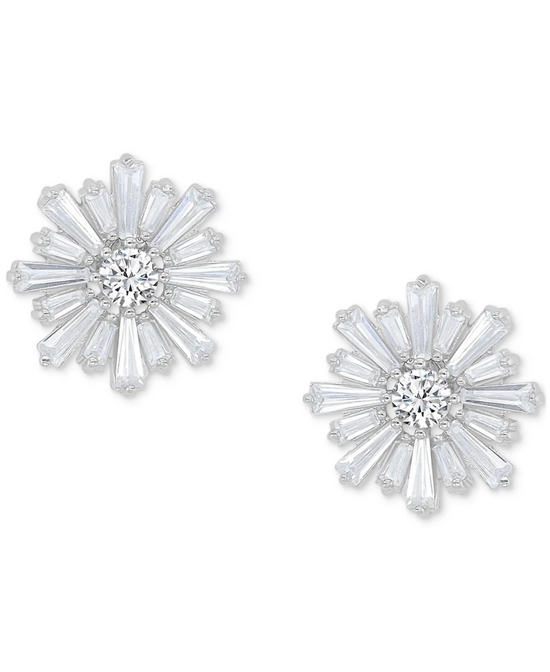 Cubic Zirconia Round & Baguette Flower Stud Earrings in Sterling Silver