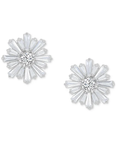 Cubic Zirconia Round & Baguette Flower Stud Earrings in Sterling Silver