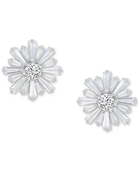 Cubic Zirconia Round & Baguette Flower Stud Earrings in Sterling Silver