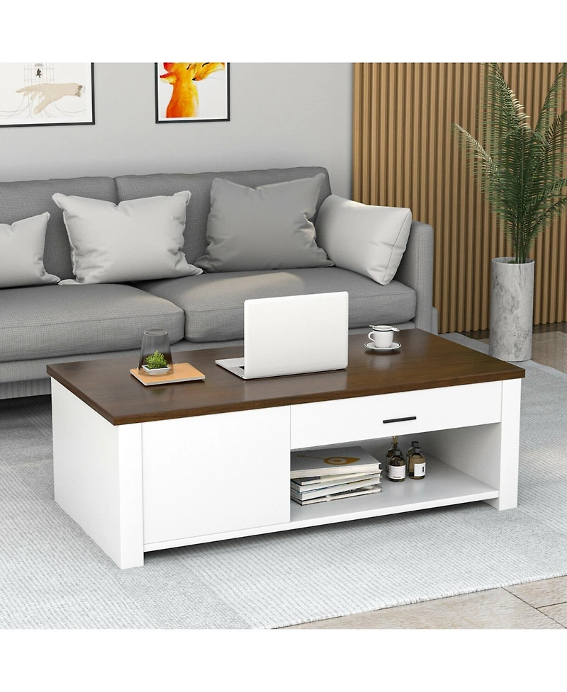 Modern Coffee Table with Front Back Drawers and Compartments for Living Room